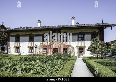 Im Pilatushaus Oberammergau, Oberbayern, Bayern, Deutschland, Lueftlmalerei, traditionell bemalten Fassade, Pilatushaus, Oberammergau, Obere Stockfoto