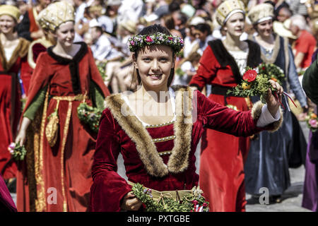 Mittelalterliche Spiele 5/6 der Landshuter Hochzeit in Landshut, Niederbayern, Bayern, Deutschland, Europa, mittelalterliche Spiele während der Landshut Mi Stockfoto