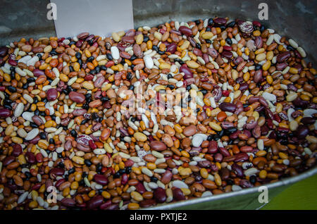 Auswahl an Bohnen und Linsen in Metall kann auf grünem Hintergrund. mung Bean, Erdnuß, Soja, rote Kidney-bohnen, Schwarze Bohne, roten Bohnen und braun Pint Stockfoto