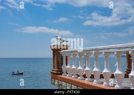 Eine große Möwe sitzt auf einem Stein Balkon vor blauem Meer und einem Boot. Stockfoto