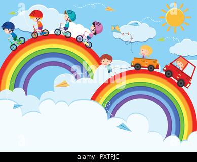 Kinder spielen auf Sky Rainbow Abbildung Stock Vektor
