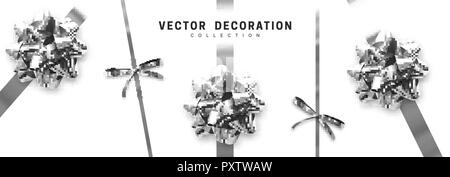 Bogen Silber realistischem Design. Dekorative Geschenk Bögen mit Bändern auf weißem Hintergrund Stock Vektor