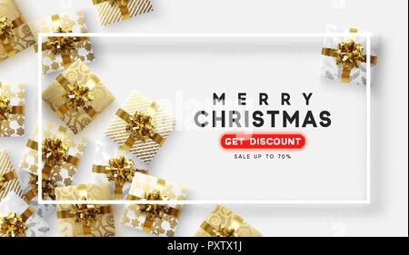 Weihnachten vector Hintergrund. Weihnachten, Web Banner. Sicht von oben auf die Komposition Geschenkbox. Stock Vektor