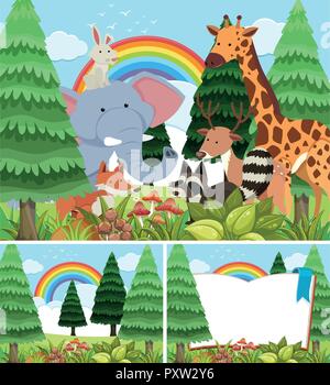 Drei Szenen von Wald mit wilden Tieren Abbildung Stock Vektor