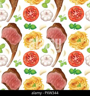 Nahtlose Hintergrund mit Steaks und Pasta Abbildung Stock Vektor