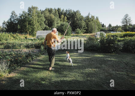 Ältere Menschen spielen mit Hund im Garten Stockfoto