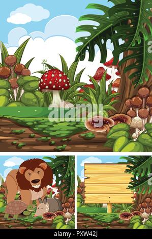 Drei Szenen mit wilden Tieren im Wald Abbildung Stock Vektor
