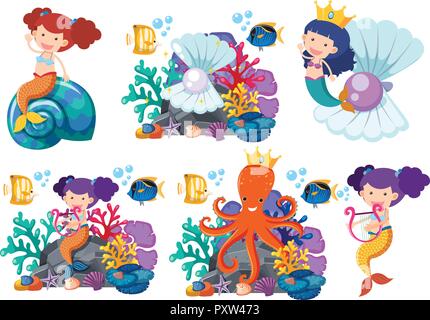 Meerjungfrauen und Meer Tiere unterwasser Abbildung Stock Vektor