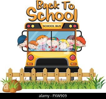 Kinder in der Schule mit dem Bus auf weißem Hintergrund Abbildung Stock Vektor