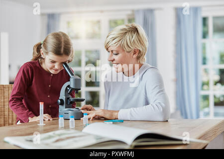 Mutter und Tochter zu Hause mittels Mikroskop Stockfoto