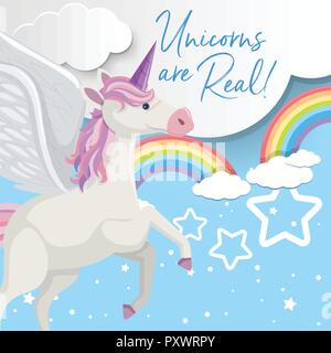 Plakat Design mit Einhorn fliegen im Himmel Abbildung Stock Vektor