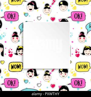 Mädchen Banner mit Anime emoji Muster. Süße Aufkleber mit emotico Stock Vektor