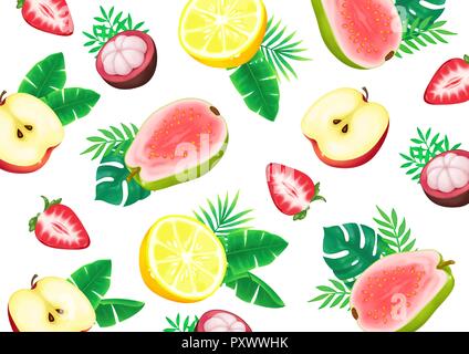 Vektor - Sommer Früchte und tropische Blätter Hintergrund nahtlose Muster Vector Illustration 010 Stock Vektor