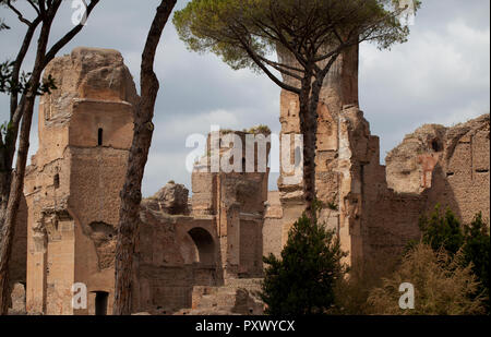 Ein Teil der Ruinen der Bäder von Caracalla, zeigt die massiven alten, gemauerten römischen Mauern und einige der Pinien, die die Seite umrahmen. Stockfoto