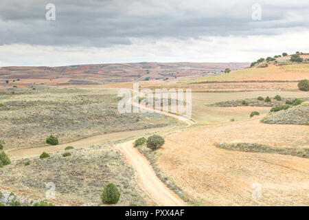 Eine unbefestigte GR 24 Pfad durch kultivierten Hügel zu gehen und gepflügten Feldern während einem bewölkten Herbst neben Calmarza, Region Aragon, Spanien Stockfoto