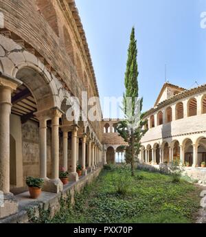 Der Kreuzgang mit romanischen Bögen, einen Tannenbaum und mittelalterlichen Fresken an einem sonnigen Tag in der Colegiata de Santa Maria la Mayor von Alquezar, Spanien Stockfoto