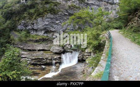 Ein Weg neben der Bellos Fluss in der Añisclo Canyon, durch einen grünen Wald umgeben, in die Pyrenäen in der Region Aragón, Spanien Stockfoto