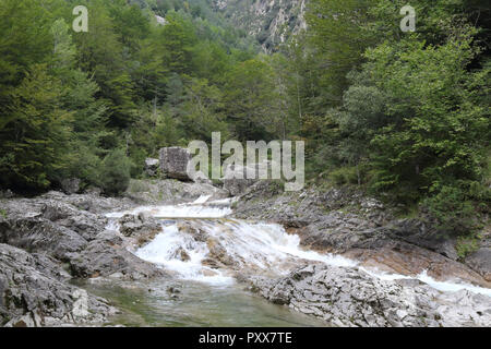 Die Wasserfälle und Stromschnellen in den Rio Bellos Canyon auf der Wald bedeckt Rocky Mountains in der Cañon de Añisclo Tal, in der Region Aragón, Spanien Stockfoto