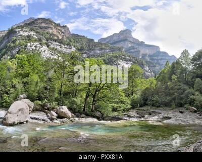 Die Wasserfälle und Stromschnellen in den Rio Bellos Canyon auf der Wald bedeckt Rocky Mountains in der Cañon de Añisclo Tal, in der Region Aragón, Spanien Stockfoto