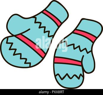 Vector Illustration Paar Handschuhe aus Gewirken Weihnachten auf grünem Hintergrund. Pelz Massage Handschuhe aus echtem Nerz, Symbol. Weihnachten Grußkarten mit fäustlinge Weihnachten Spielzeug Weihnachten - t Stock Vektor