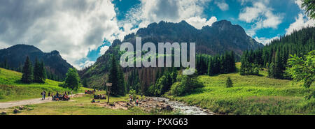 Zakopane/Polen - Juli. 08.2018: Panoramablick auf das Tal zwischen den Bergen mit dem Fluss in der Mitte und Menschen ruht auf dem Feld. Stockfoto