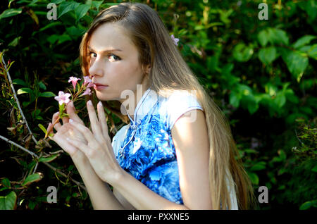 Weibliche Model aus Polen tragen traditionelle chinesische Kleid in Blau und Weiß mit Blumen. Frau posiert im asiatischen Stil Park, duftende Blumen. Stockfoto