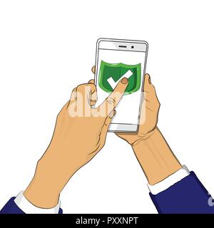 Hand hält smart phone mit grünem Schild und ein Finger den Bildschirm berührt. Cartoon pop art retro Vektor illustration Zeichnung im Comic Stil. Stock Vektor