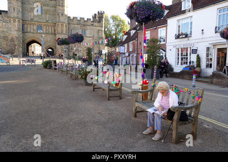 Bunte gestrickte Dekorationen in der Schlacht - East Sussex - Vereinigtes Königreich - (auch als Garn Bombardierung bekannt, Garn storming oder Graffiti stricken) Stockfoto