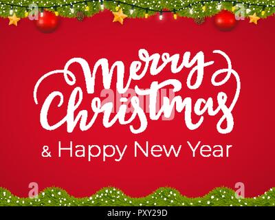 Frohe Weihnachten und guten Rutsch ins Neue Jahr typografische Postkarte Xmas auf rotem Hintergrund mit festliche Girlande Stock Vektor