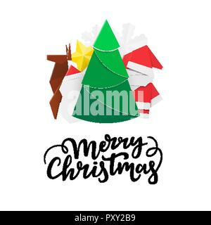 Weihnachten Postkarte Vorlage. Xmas card Design mit Winter Elemente: Neues Jahr Baum, Weihnachtsmann, Schneemann, Hirsche, Golden Star, Schneeflocke und Hand letteri Stock Vektor
