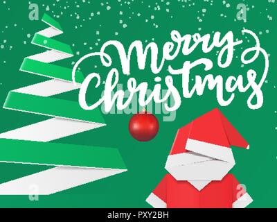 Gruß Weihnachtskarte mit Schriftzug und Winter Ornamente. Urlaub poster Design mit Papier neues Jahr Baum und origami Santa Claus auf einem grünen backgro Stock Vektor