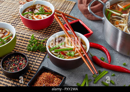 Ente udon Nudeln Gemüse Suppe in eine Kasserolle und in Schüsseln serviert auf Bambus Matte mit Stäbchen, Ansicht von oben Stockfoto