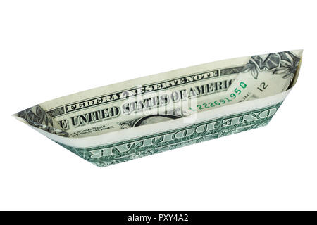 Geld Origami BOOT gefaltet mit Real One Dollar Bill isoliert auf weißem Hintergrund Stockfoto