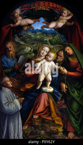 Madonna mit Kind und Heiligen Marta, Giacomo, Giuseppe und Bieter 1543-50 von Gerolamo Giovenone - Girolamo Giovenone 1490-1555 aus dem 16. Jahrhundert, Italien, Italienisch. Stockfoto