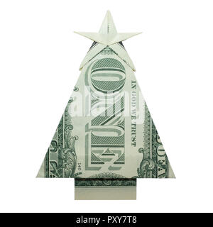 Geld Origami WEIHNACHTSBAUM gefaltet mit Real One Dollar Bill isoliert auf weißem Hintergrund Stockfoto