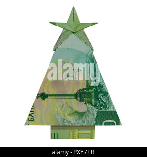 Geld Origami WEIHNACHTSBAUM gefaltet mit 200 russische Rubel Bill isoliert auf weißem Hintergrund Stockfoto