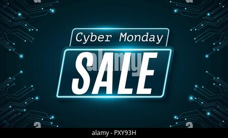 Cyber Monday. Super Sale. Hi-tech leuchtende blaue Platine. Web neon Banner. Modernes Design. Vector Illustration. EPS 10. Stock Vektor