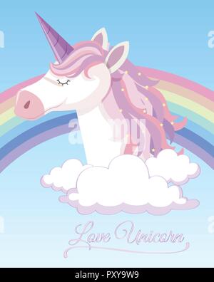 Plakat Design mit Einhorn und Regenbogen am Himmel Abbildung Stock Vektor