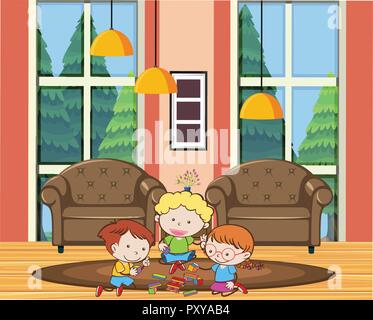 Kinder spielen Spielzeug in Wohnzimmer Abbildung Stock Vektor