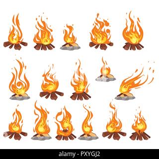 Vektor cartoon style Set von Lagerfeuer mit protokolliert. Feuer flammen Symbol für das Web. Isolierte Design auf weißem Hintergrund. Stock Vektor