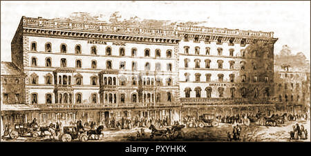 Boston, Massachusetts, USA 1859 - Boston America House Hotel. (Gegründet 1835) wurde ein Hotel in Boston, auf Hanover Street. (Inhaber Abraham W. Brigham, Lewis Reis (1837-1874), Henry B. Reis (1868-1888) und Allen E.Jones (C. 1921) diente als Inhaber Stockfoto