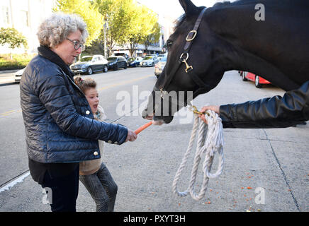 Washington, USA. 24 Okt, 2018. Menschen mit einem Pferd an das Frühstück mit der berittenen Polizei Ereignis während der Washington International Horse Show (WIHS) in Washington, DC, USA, am Okt. 24, 2018. Diese traditionelle Veranstaltung würdigt den Beitrag der Pferde im öffentlichen Dienst. Quelle: Liu Jie/Xinhua/Alamy leben Nachrichten Stockfoto