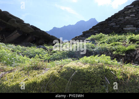 Eine typische ländliche Lodge Dach mit Moos und Flechten fallen, Fliesen, der an einem sonnigen Sommer in den Alpen Piemont, Italien Stockfoto