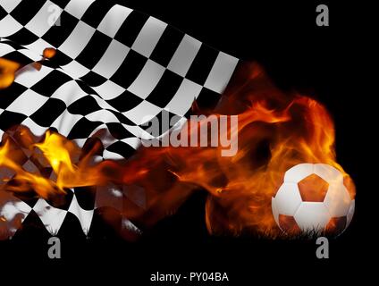 Digitale Komposition der karierten Flagge und Fußball mit Flammen auf schwarzem Hintergrund Stockfoto