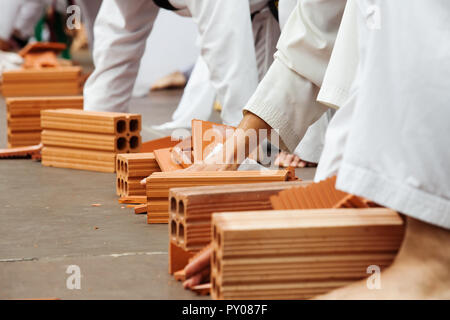 Karate zeigen Sie ihre Fähigkeiten durch das brechen von Steinen Stockfoto