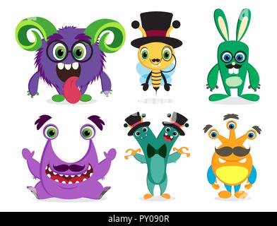 Monster vektor Zeichen gesetzt. Cute cartoon Maskottchen Tiere mit lustigen Gesichtern in Weiß für Design Elemente isoliert. Vector Illustration. Stock Vektor