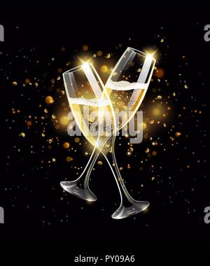 Funkelnde Gläser Champagner auf schwarzem Hintergrund, bokeh Effect Stock Vektor