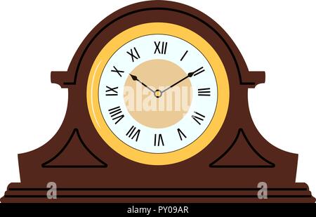 Eine hölzerne Pendule flachen Tisch Uhr auf weißem Hintergrund. Vector Illustration Stock Vektor