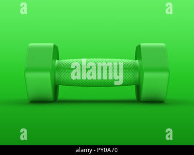 Gerenderten 3D-Vorderansicht eines 3 kg grüne Gummierte hand Gewicht dramatisch ausgeleuchteten von oben auf einen grünen Hintergrund. Stockfoto