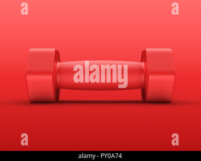 Gerenderten 3D-Vorderansicht eines 2 kg rot Gummierter hand Gewicht dramatisch ausgeleuchteten von oben auf einem roten Hintergrund. Stockfoto